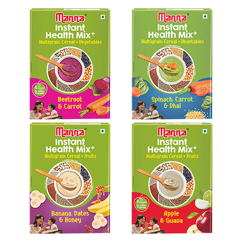 Instant Health Mix- pack of 4 | Beetroot & Carrot | Spinach, Carrot & Dhal | Banana, Dates, Honey |  Apple & Guava | multigrain baby Food - 800g