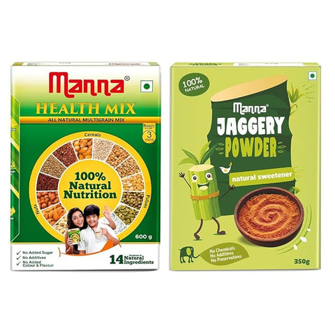 Manna Health Mix 600g and Manna Jaggery Powder 350g Combo Pack | 100% Natural, Zero Added Sugar, No Preservatives, No Chemicals