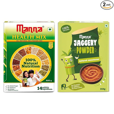 Manna Health Mix 600g and Manna Jaggery Powder 350g Combo Pack | 100% Natural, Zero Added Sugar, No Preservatives, No Chemicals