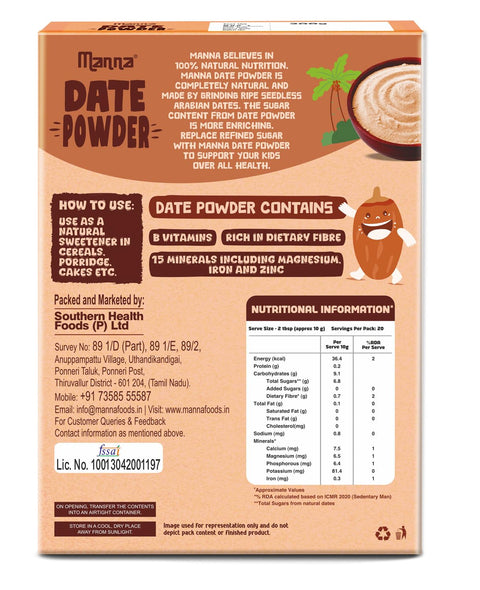 Manna Date Powder Natural Sweetner for Kids | 100% Arabian Dates | No Added Sugar, Preservatives or Chemicals