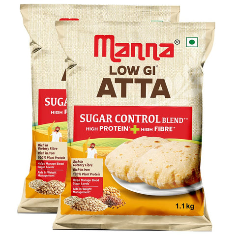 Manna Low GIᶺ Atta for Diabetic Care | Helps Manage Blood Sugar Levelsᶺ | 21g Protein & 14g Fibre in 3-4 Rotis | Lab-Tested Low GI <46 | 100% Plant Protein | 2.2kg