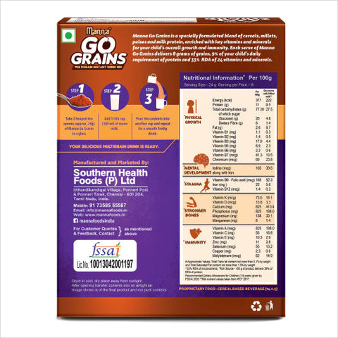 Go Grains Chocolate - Instant healthy millet drink - 7 Grains - 24 vitamins & Minerals - 200g