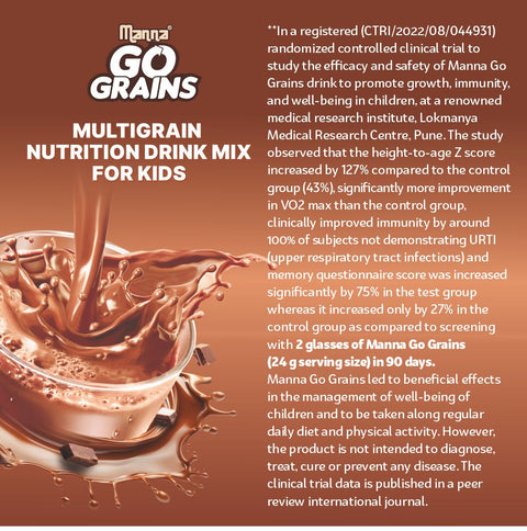 Manna Go Grains 400g - Kids Nutrition Drink - Clinically Proven to 2X Growth, Memory & Immunity, 1.5X stamina with 7 Multigrains Millets. Naturally sweetned with stevia. Chocolate Flavor.