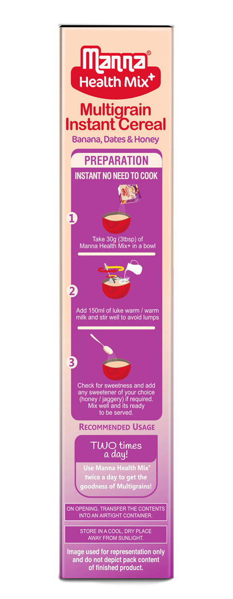 Manna Health Mix Instant - Banana, Dates, Honey with Milk | Multigrain Cereal Made with Real Fruits and 7 Supergrains and Millets. No Added Sugar, No Artificial Color & Flavors 200g
