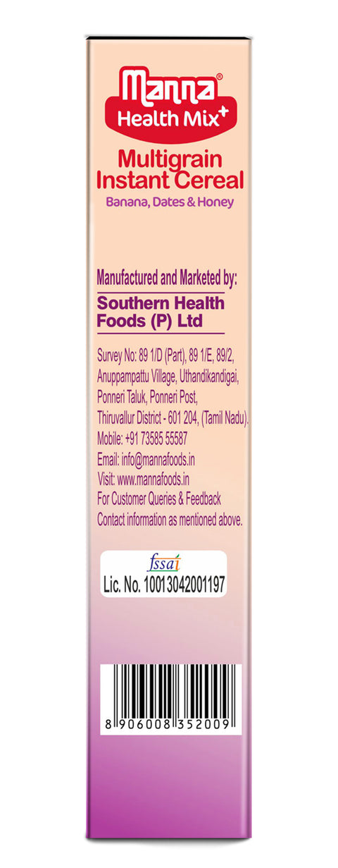 Manna Health Mix Instant - Banana, Dates, Honey with Milk | Multigrain Cereal Made with Real Fruits and 7 Supergrains and Millets. No Added Sugar, No Artificial Color & Flavors 200g