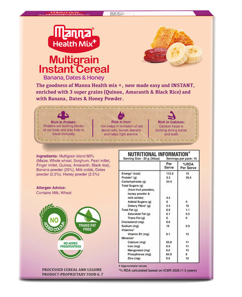 Manna Health Mix Instant - Banana, Dates, Honey with Milk | Multigrain Cereal Made with Real Fruits and 7 Supergrains and Millets. No Added Sugar, No Artificial Color & Flavors 200g