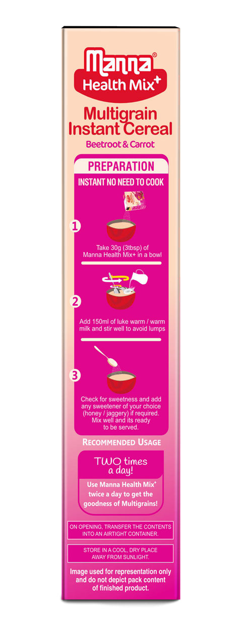 Manna Health Mix Instant - Beetroot & Carrot with Milk | Multigrain Cereal Made with Real Vegetables and 7 Supergrains and Millets. No Added Sugar, No Artificial Color & Flavors 200g