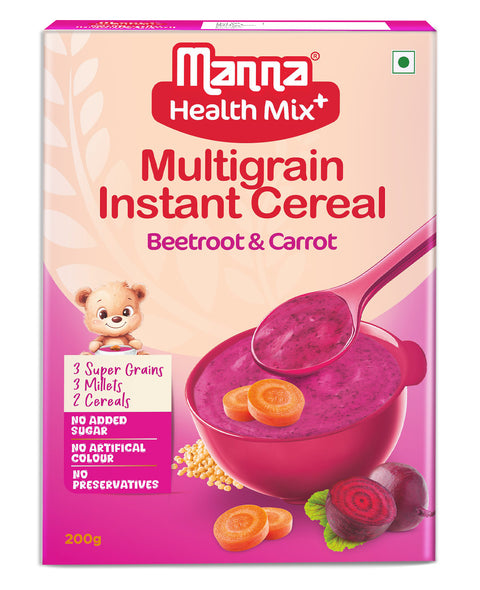 Manna Health Mix Instant - Beetroot & Carrot with Milk | Multigrain Cereal Made with Real Vegetables and 7 Supergrains and Millets. No Added Sugar, No Artificial Color & Flavors 200g