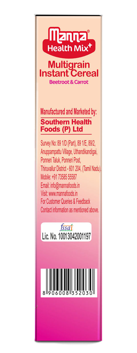 Manna Health Mix Instant - Beetroot & Carrot with Milk | Multigrain Cereal Made with Real Vegetables and 7 Supergrains and Millets. No Added Sugar, No Artificial Color & Flavors 200g