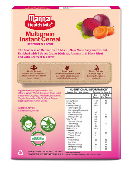 Manna Health Mix Instant - Beetroot & Carrot with Milk | Multigrain Cereal Made with Real Vegetables and 7 Supergrains and Millets. No Added Sugar, No Artificial Color & Flavors 200g
