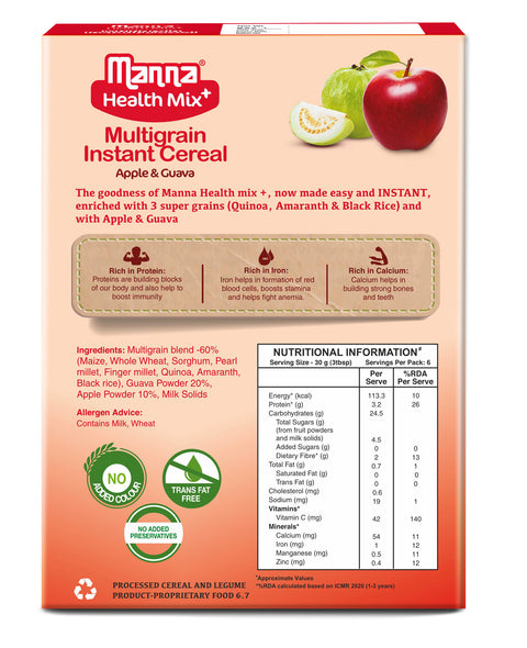 Manna Health Mix Instant - Apple & Guava with milk | Multigrain Cereal Made with Real Fruits and 7 Supergrains and Millets. No Added Sugar, No Artificial Color & Flavors 200g