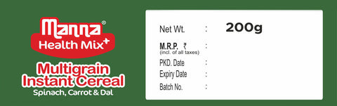 Manna Health Mix Instant - Spinach, Carrot, Dal with Milk | Multigrain Cereal Made with Real Vegetables and 7 Supergrains and Millets. No Added Sugar, No Artificial Color & Flavors 200g