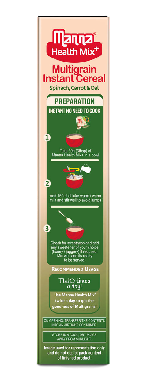 Manna Health Mix Instant - Spinach, Carrot, Dal with Milk | Multigrain Cereal Made with Real Vegetables and 7 Supergrains and Millets. No Added Sugar, No Artificial Color & Flavors 200g