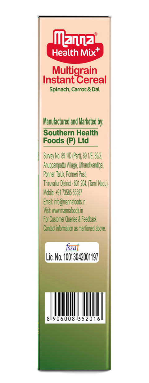 Manna Health Mix Instant - Spinach, Carrot, Dal with Milk | Multigrain Cereal Made with Real Vegetables and 7 Supergrains and Millets. No Added Sugar, No Artificial Color & Flavors 200g