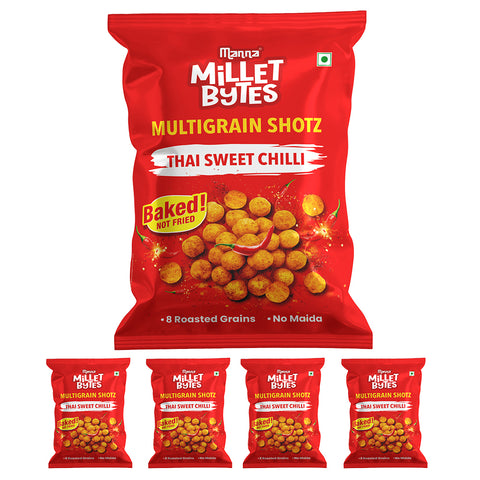 Manna Millet Bytes - Thai Sweet Chilli Multigrain Shotz - 175g | Baked No Maida Puff Snack | Combo Pack of 5