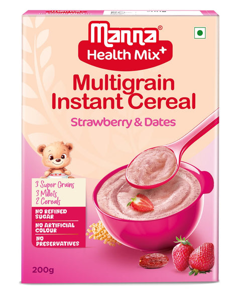 Manna  Instant Health Mix+, Multigrain Cereal + Fruits - Strawberry & Dates, Made with Real Fruits, 7 Supergrains and Millets. No Added Sugar, No Artificial Colour, Flavours 200g