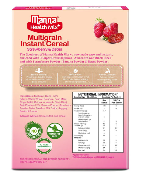 Manna  Instant Health Mix+, Multigrain Cereal + Fruits - Strawberry & Dates, Made with Real Fruits, 7 Supergrains and Millets. No Added Sugar, No Artificial Colour, Flavours 200g