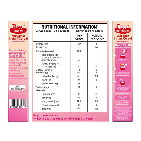 Manna  Instant Health Mix+, Multigrain Cereal + Fruits - Strawberry & Dates, Made with Real Fruits, 7 Supergrains and Millets. No Added Sugar, No Artificial Colour, Flavours 200g