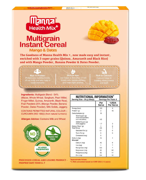 Manna Health Mix Instant Multigrain Cereal, Mango, Banana and Dates with Milk. Made with Real Fruits and 7 Supergrains and Millets. No Added Sugar, No Artificial Colour, Flavours 200g