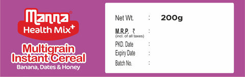 Manna Health Mix Instant - Banana, Dates, Honey with Milk | Multigrain Cereal Made with Real Fruits and 7 Supergrains and Millets. No Added Sugar, No Artificial Color & Flavors 200g