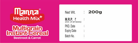 Manna Health Mix Instant - Beetroot & Carrot with Milk | Multigrain Cereal Made with Real Vegetables and 7 Supergrains and Millets. No Added Sugar, No Artificial Color & Flavors 200g