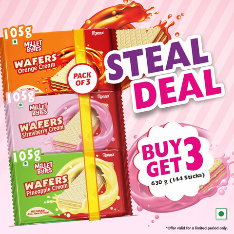Millet Bytes- Multigrain Wafers | Steal deal buy 3 combo get 3 combo free | Treat Waffy of Strawberry, Pineapple & Orange – 105g per combo | Treat Waffy of Strawberry, Pineapple & Orange - 315g pack of 3 | 144 sticks