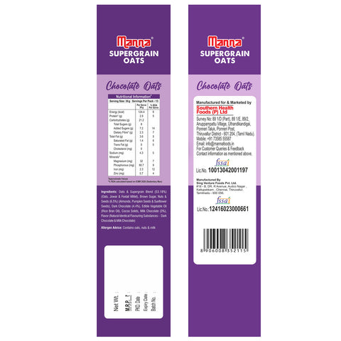 Manna Supergrain Oats Chocolate Flavour | With Foxtail Millet and Jowar | Real Chocolate | No Added Colour, Flavours, Preservatives