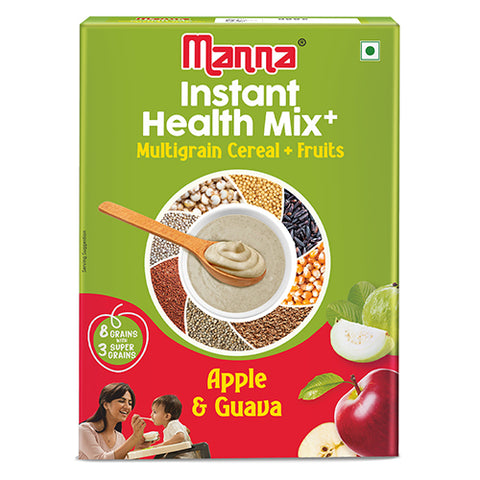 Manna Health Mix Instant - Apple & Guava with milk | Multigrain Cereal Made with Real Fruits and 7 Supergrains and Millets. No Added Sugar, No Artificial Color & Flavors 200g
