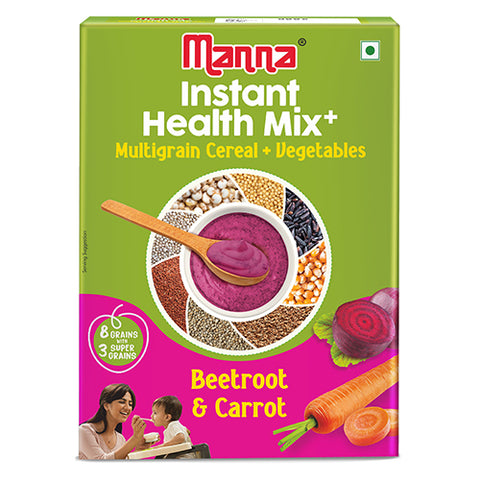 Manna Health Mix Instant - Beetroot & Carrot with Milk | Multigrain Cereal Made with Real Vegetables and 7 Supergrains and Millets. No Added Sugar, No Artificial Color & Flavors 200g