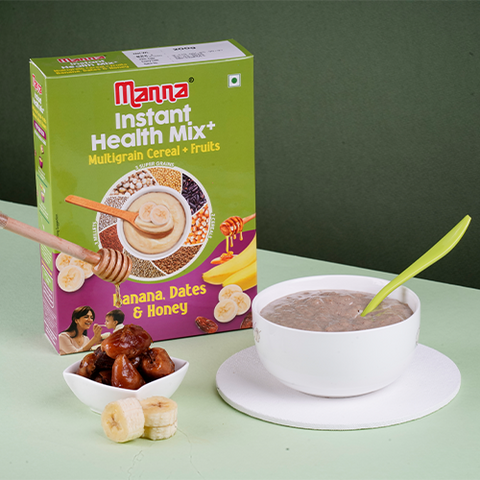 Manna Health Mix Instant - Banana, Dates, Honey with Milk | Multigrain Cereal Made with Real Fruits and 7 Supergrains and Millets. No Added Sugar, No Artificial Color & Flavors 200g