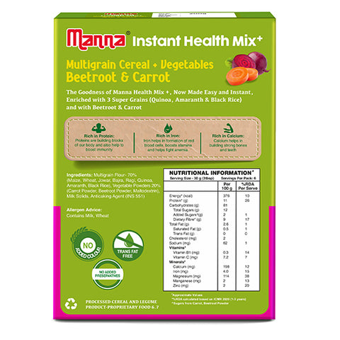 Manna Health Mix Instant - Beetroot & Carrot with Milk | Multigrain Cereal Made with Real Vegetables and 7 Supergrains and Millets. No Added Sugar, No Artificial Color & Flavors 200g