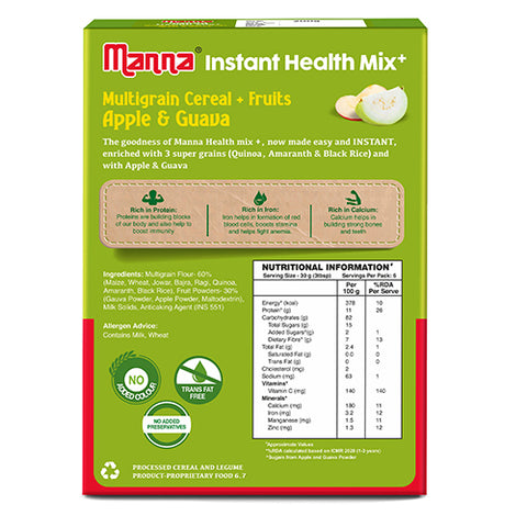 Manna Health Mix Instant - Apple & Guava with milk | Multigrain Cereal Made with Real Fruits and 7 Supergrains and Millets. No Added Sugar, No Artificial Color & Flavors 200g