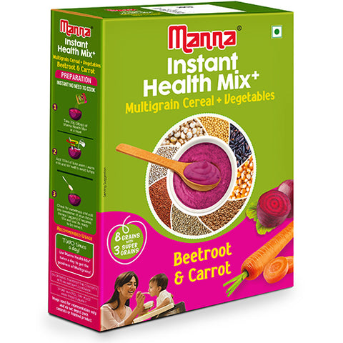 Manna Health Mix Instant - Beetroot & Carrot with Milk | Multigrain Cereal Made with Real Vegetables and 7 Supergrains and Millets. No Added Sugar, No Artificial Color & Flavors 200g