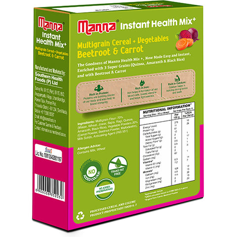 Manna Health Mix Instant - Beetroot & Carrot with Milk | Multigrain Cereal Made with Real Vegetables and 7 Supergrains and Millets. No Added Sugar, No Artificial Color & Flavors 200g