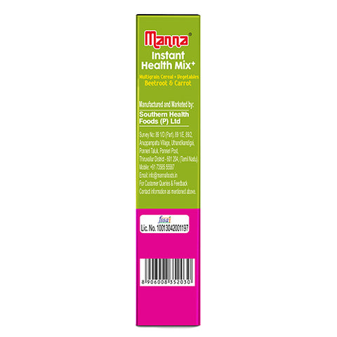 Manna Health Mix Instant - Beetroot & Carrot with Milk | Multigrain Cereal Made with Real Vegetables and 7 Supergrains and Millets. No Added Sugar, No Artificial Color & Flavors 200g