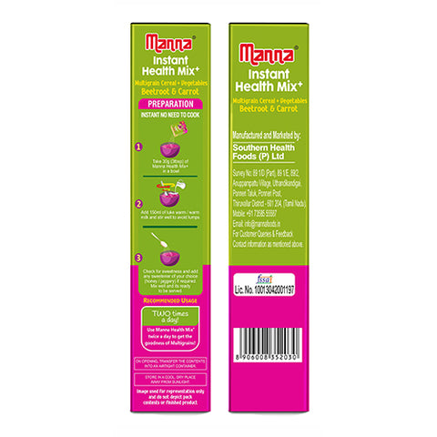 Manna Health Mix Instant - Beetroot & Carrot with Milk | Multigrain Cereal Made with Real Vegetables and 7 Supergrains and Millets. No Added Sugar, No Artificial Color & Flavors 200g