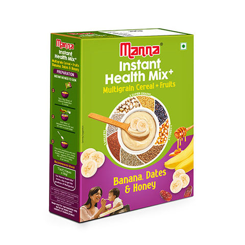 Manna Health Mix Instant - Banana, Dates, Honey with Milk | Multigrain Cereal Made with Real Fruits and 7 Supergrains and Millets. No Added Sugar, No Artificial Color & Flavors 200g