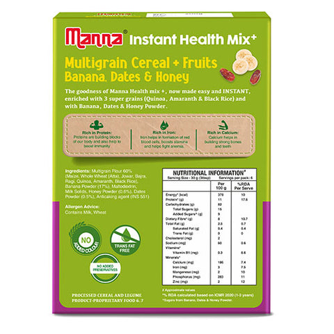 Manna Health Mix Instant - Banana, Dates, Honey with Milk | Multigrain Cereal Made with Real Fruits and 7 Supergrains and Millets. No Added Sugar, No Artificial Color & Flavors 200g