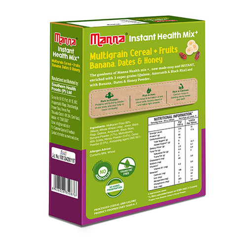 Manna Health Mix Instant - Banana, Dates, Honey with Milk | Multigrain Cereal Made with Real Fruits and 7 Supergrains and Millets. No Added Sugar, No Artificial Color & Flavors 200g