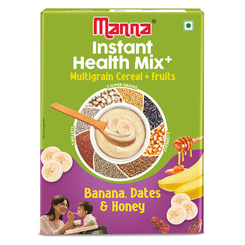 Manna Health Mix Instant - Banana, Dates, Honey with Milk | Multigrain Cereal Made with Real Fruits and 7 Supergrains and Millets. No Added Sugar, No Artificial Color & Flavors 200g